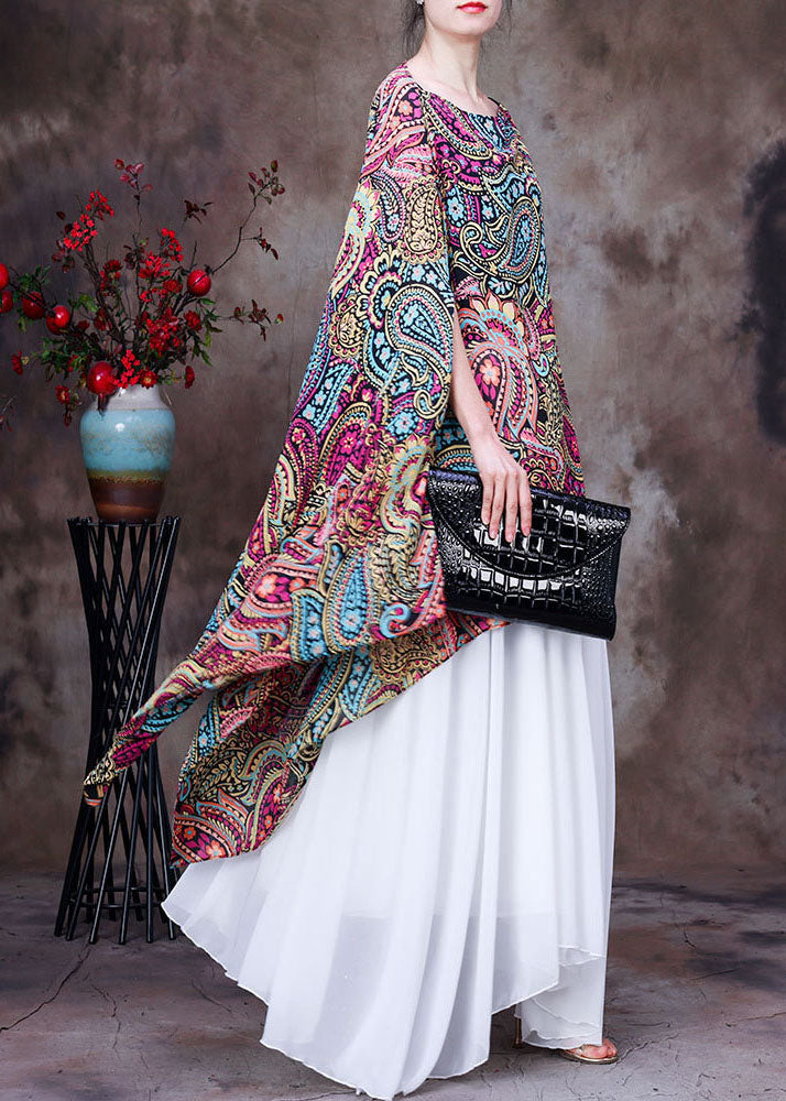 Women’s Red Print Asymmetrical Design Chiffon Top Batwing Sleeves
