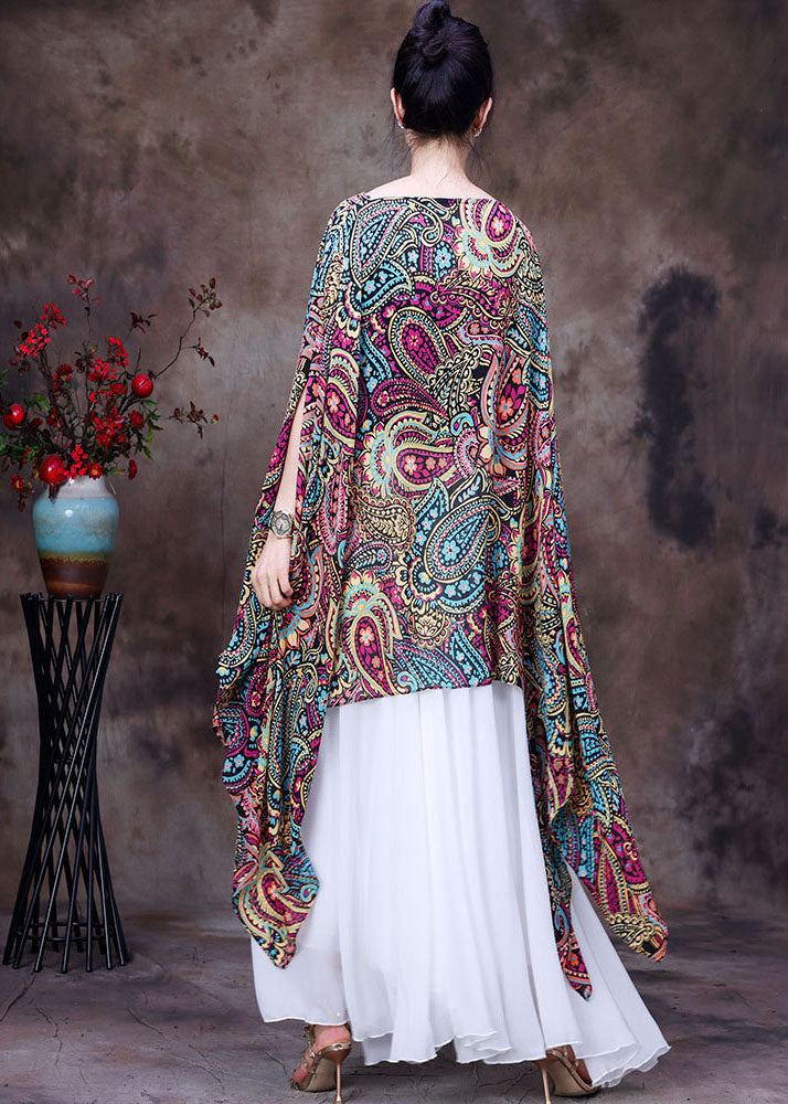 Women’s Red Print Asymmetrical Design Chiffon Top Batwing Sleeves
