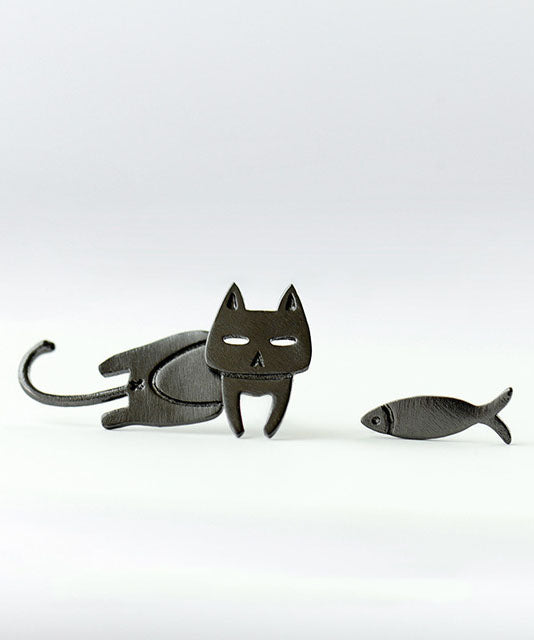 Cat & Fish Asymmetric Stud Earrings