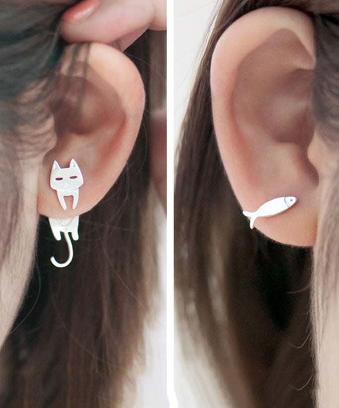 Cat & Fish Asymmetric Stud Earrings
