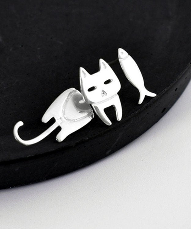 Cat & Fish Asymmetric Stud Earrings