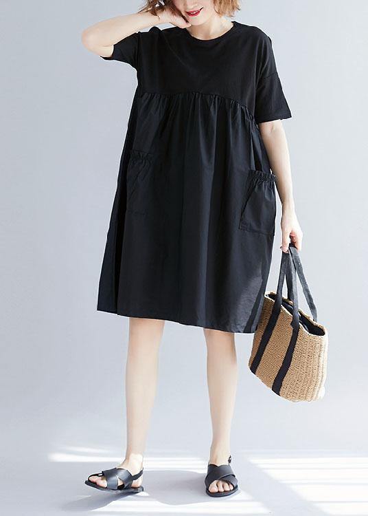 Black Women's Cotton Blend with O-Neck Pockets, Loose Summer Dresses