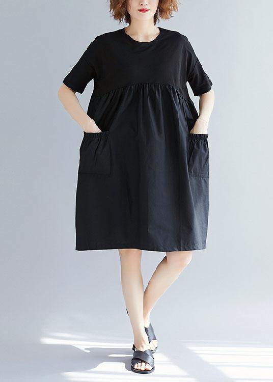 Black Women's Cotton Blend with O-Neck Pockets, Loose Summer Dresses