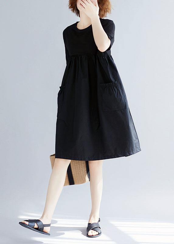 Black Women's Cotton Blend with O-Neck Pockets, Loose Summer Dresses