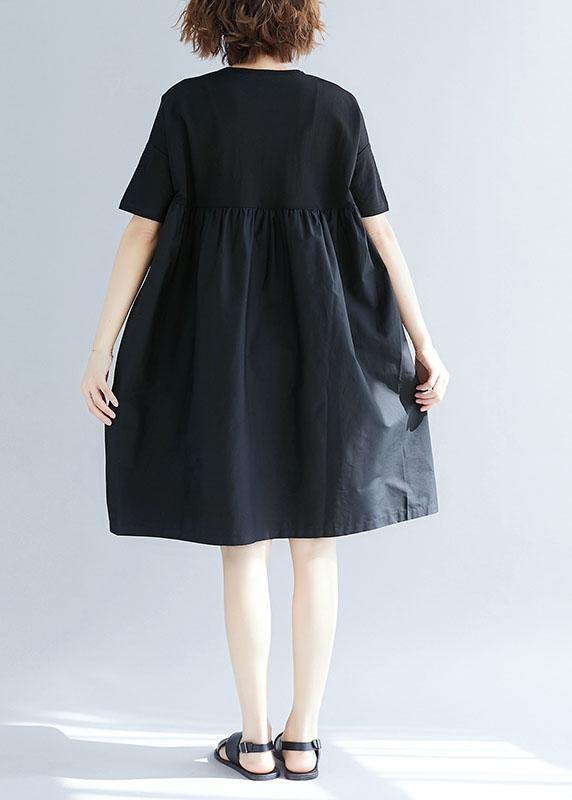 Black Women's Cotton Blend with O-Neck Pockets, Loose Summer Dresses