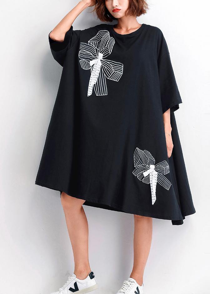 Women’s Black Embroidered Cotton Large Hem Shift Summer Dresses