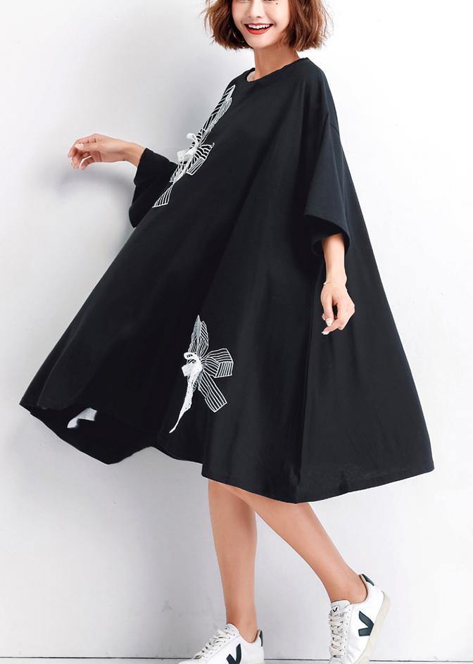 Women’s Black Embroidered Cotton Large Hem Shift Summer Dresses