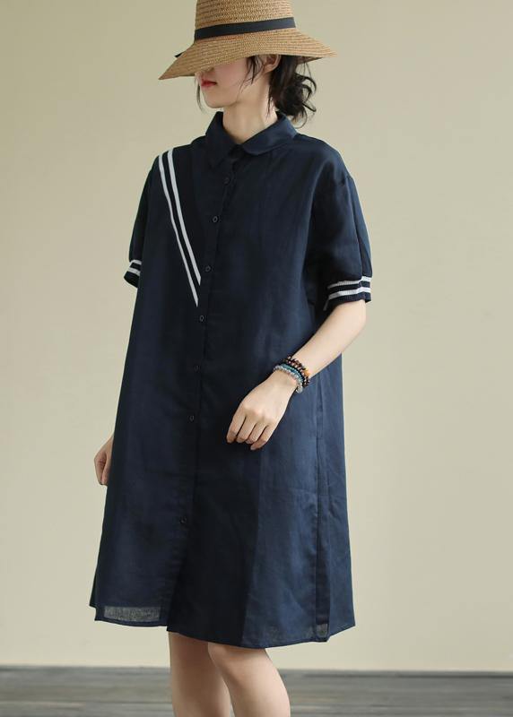 Women's Revers Button-Down Linen Summer Dress Design Navy Striped Dresses