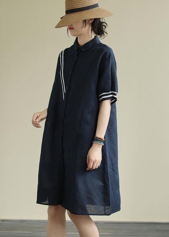 Women's Revers Button-Down Linen Summer Dress Design Navy Striped Dresses