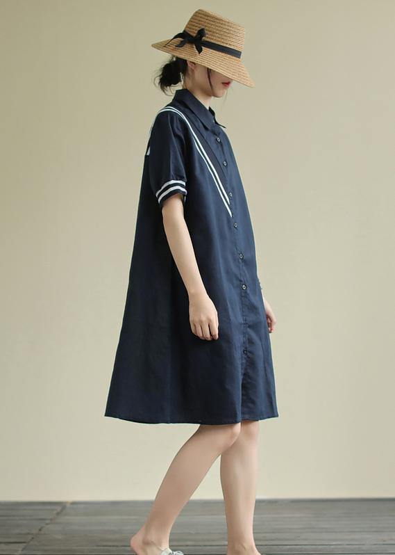 Women's Revers Button-Down Linen Summer Dress Design Navy Striped Dresses