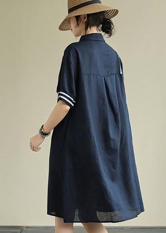 Women's Revers Button-Down Linen Summer Dress Design Navy Striped Dresses