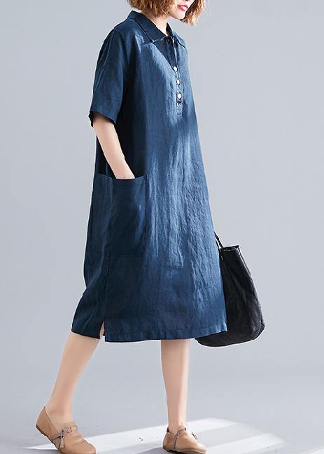 Women's Navy Blue Cotton Quilted Dress with Lapel Pockets Plus Size