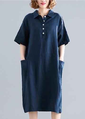 Women's Navy Blue Cotton Quilted Dress with Lapel Pockets Plus Size