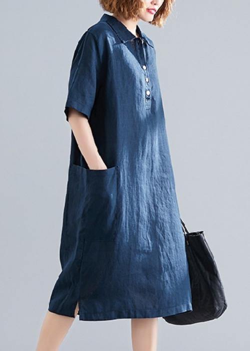 Women's Navy Blue Cotton Quilted Dress with Lapel Pockets Plus Size