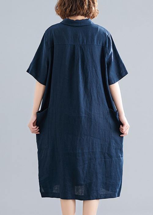 Women's Navy Blue Cotton Quilted Dress with Lapel Pockets Plus Size