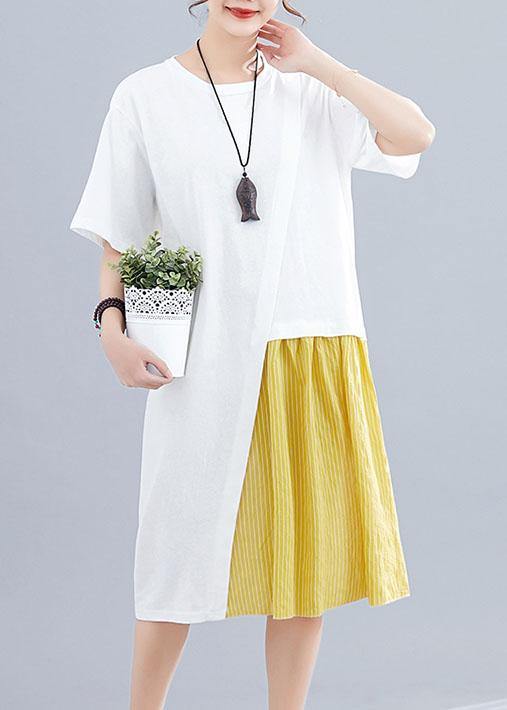 Women's Patchwork O-Neck Linen Dresses Sewing White Dresses Summer