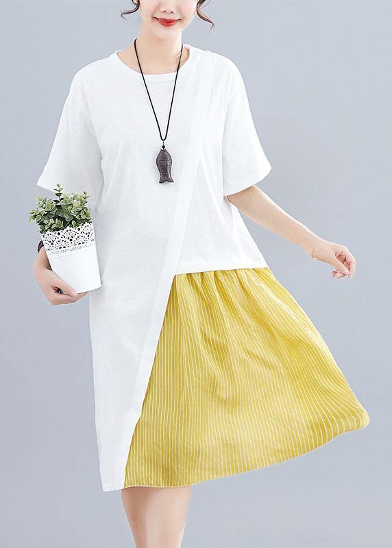 Women's Patchwork O-Neck Linen Dresses Sewing White Dresses Summer