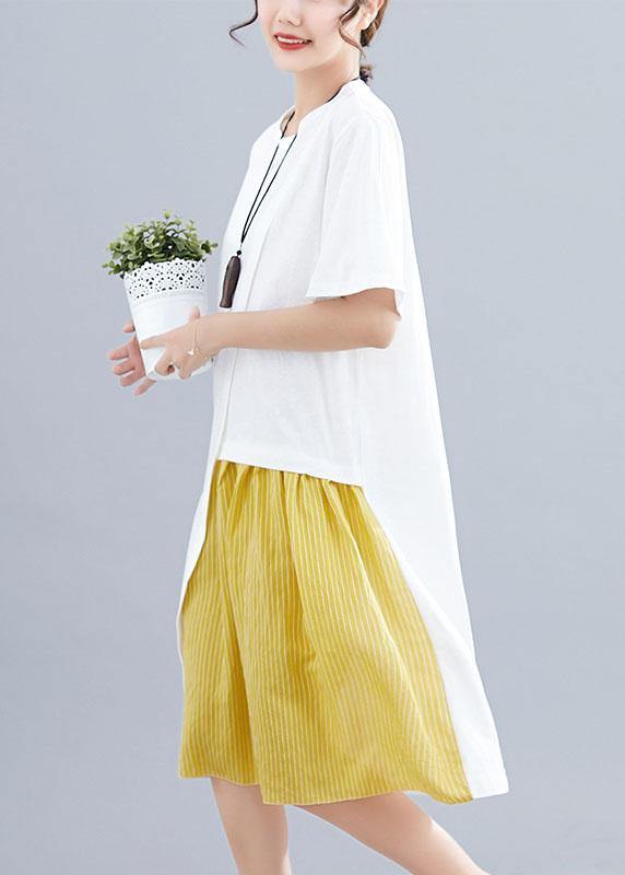 Women's Patchwork O-Neck Linen Dresses Sewing White Dresses Summer