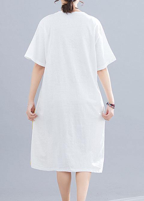 Women's Patchwork O-Neck Linen Dresses Sewing White Dresses Summer