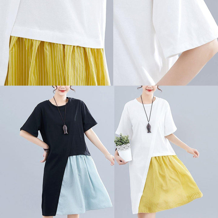 Women's Patchwork O-Neck Linen Dresses Sewing White Dresses Summer
