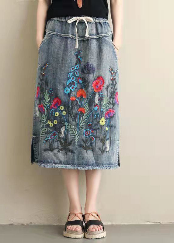 Light Blue Embroidered A-Line Denim Skirt