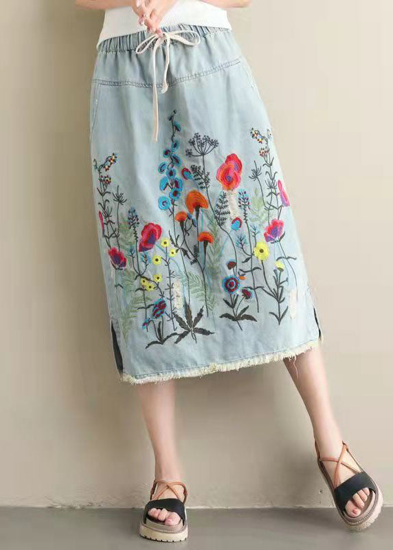 Light Blue Embroidered A-Line Denim Skirt