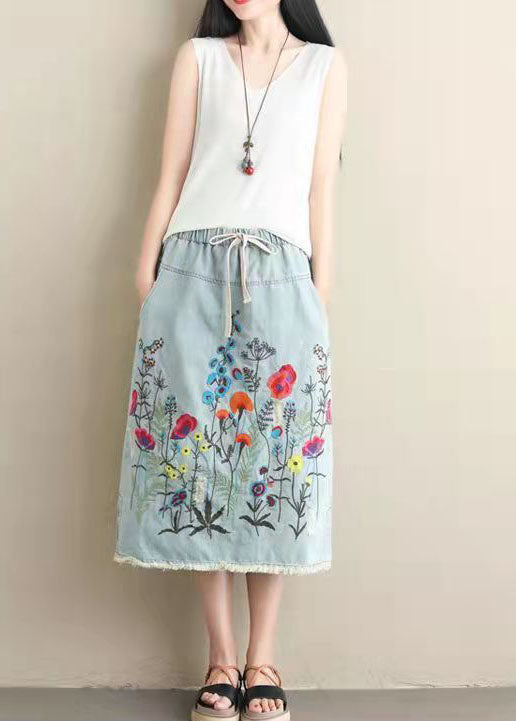 Light Blue Embroidered A-Line Denim Skirt