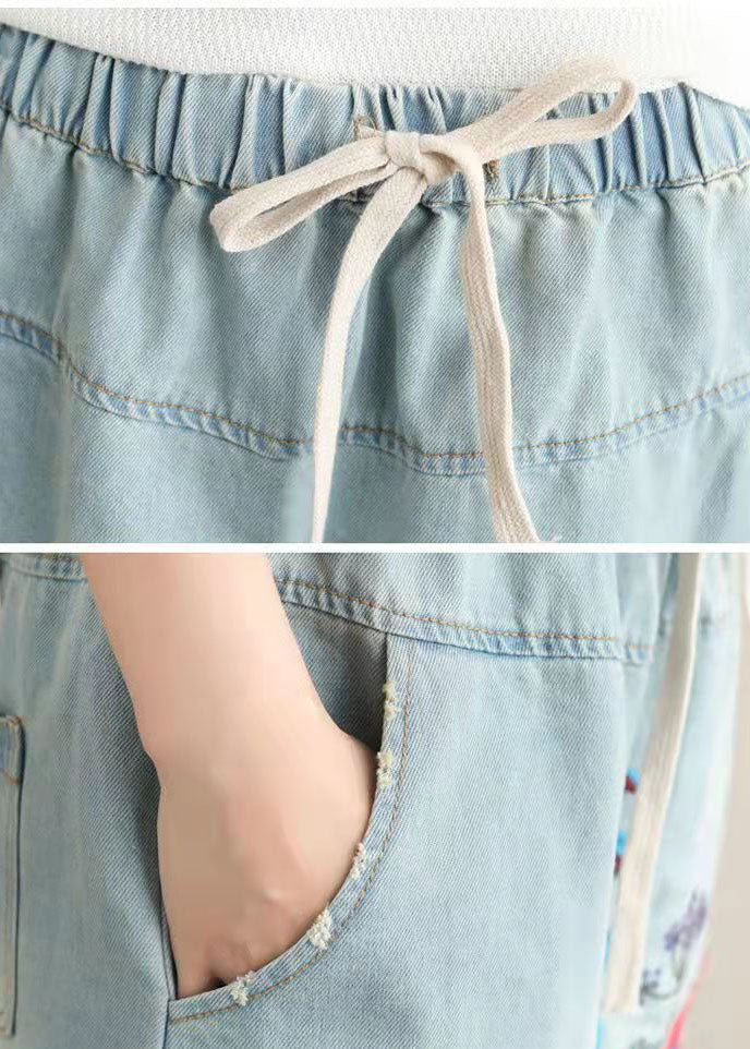 Light Blue Embroidered A-Line Denim Skirt