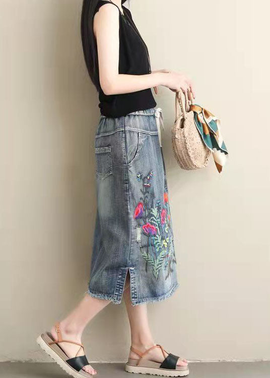 Light Blue Embroidered A-Line Denim Skirt