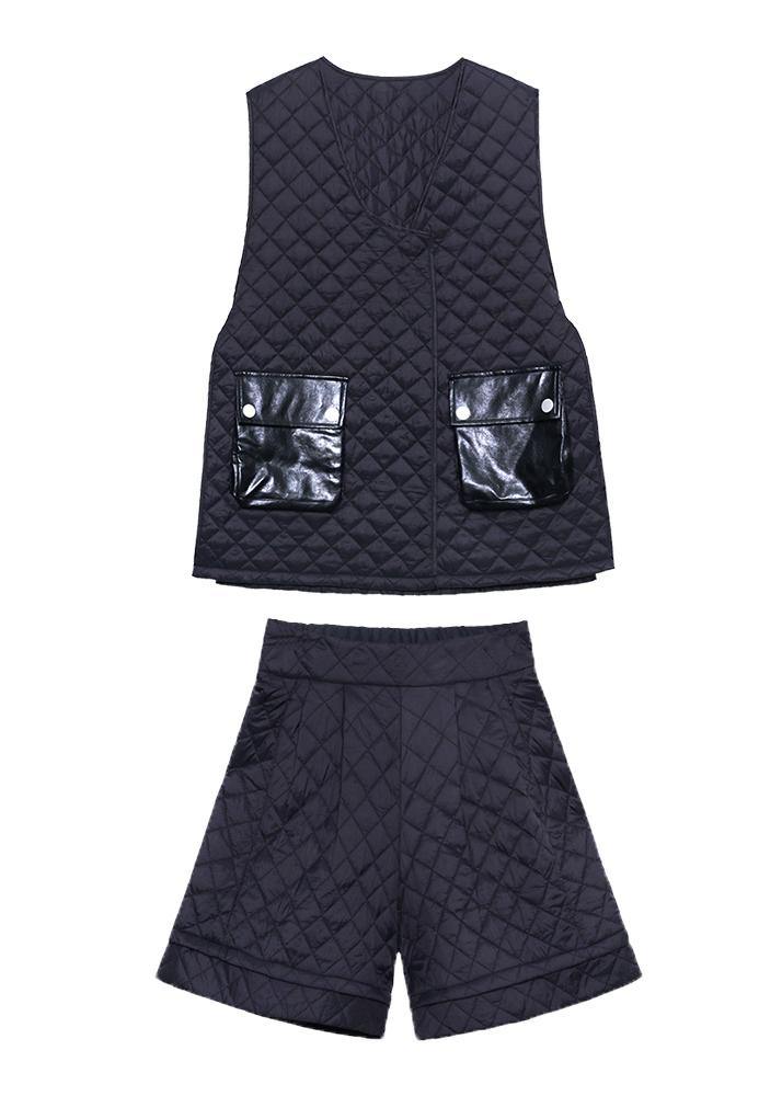 Women's Retro Western Style Cotton Vest Shorts Black Two-Piece Set
