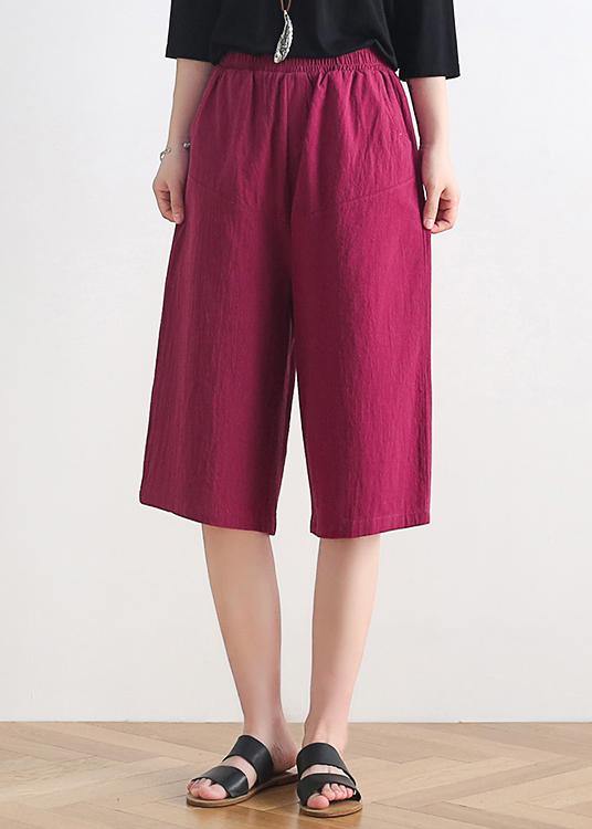 Women’s Summer New Loose High Waist Five-Point Wide Leg Linen Burgundy Straight Shorts