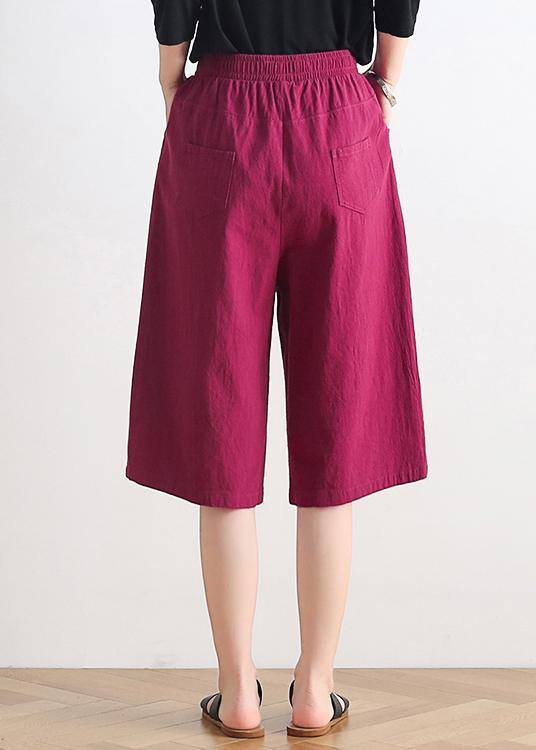 Women’s Summer New Loose High Waist Five-Point Wide Leg Linen Burgundy Straight Shorts