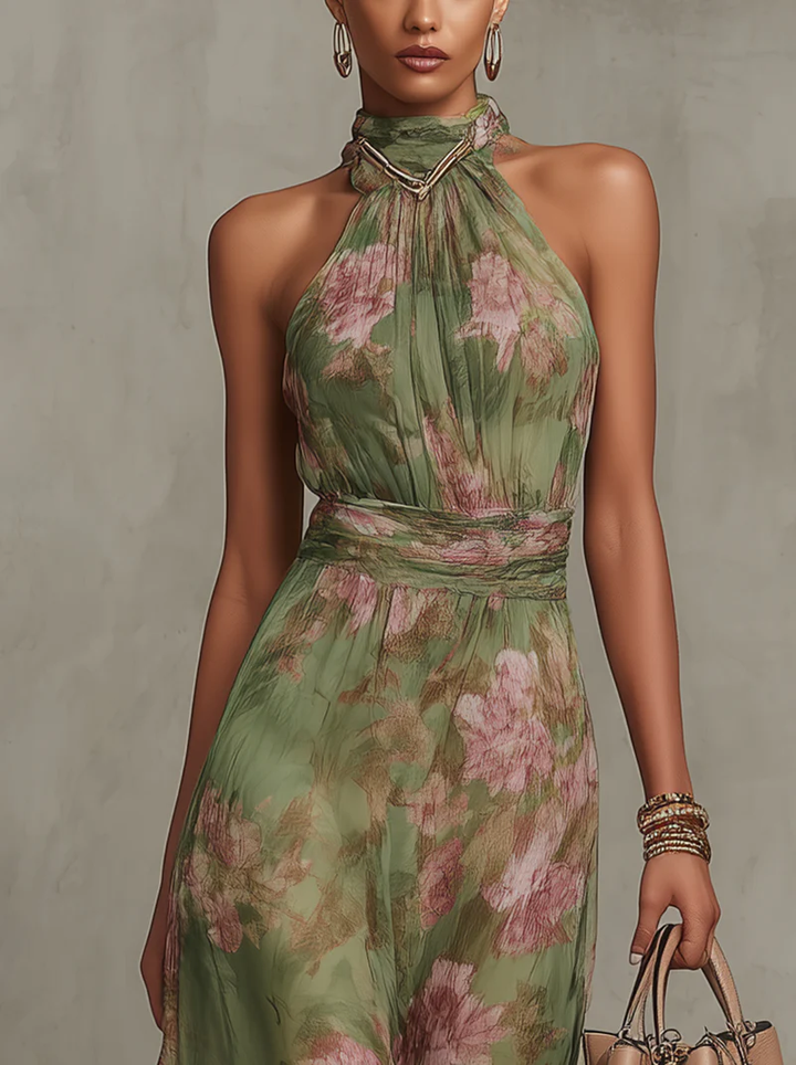 LIVIA | ELEGANT FLORAL HALTER MAXI DRESS