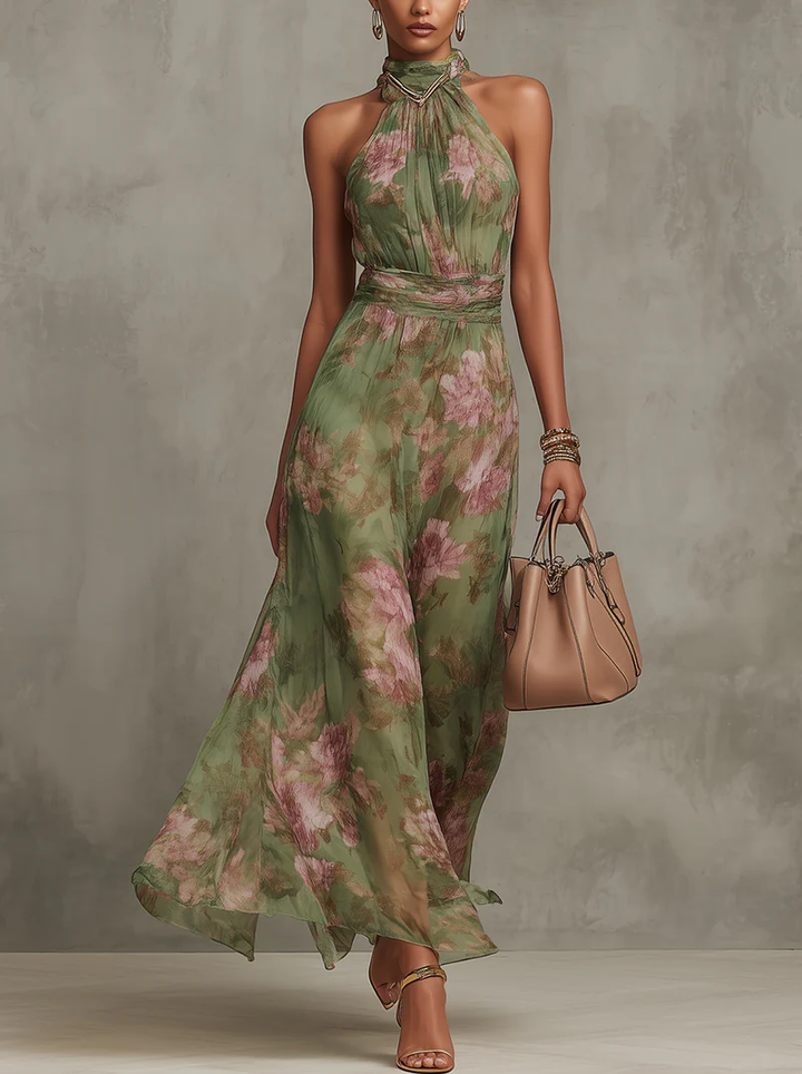 LIVIA | ELEGANT FLORAL HALTER MAXI DRESS