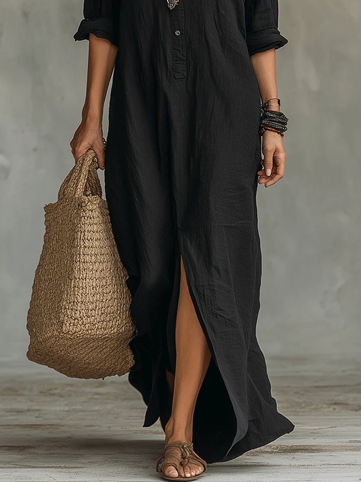 Soline Button V-Neck Maxi Dress