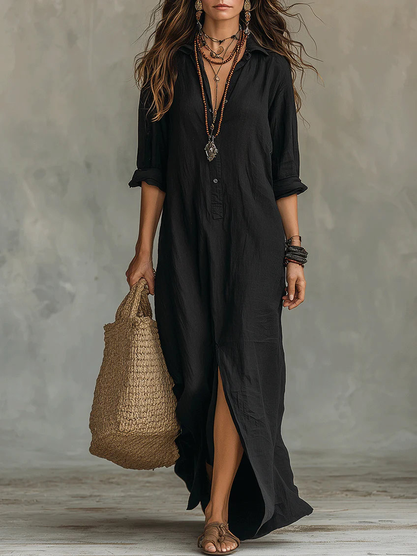 Soline Button V-Neck Maxi Dress