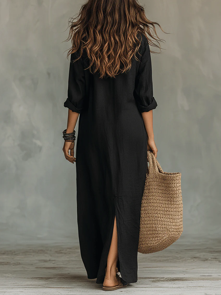 Soline Button V-Neck Maxi Dress