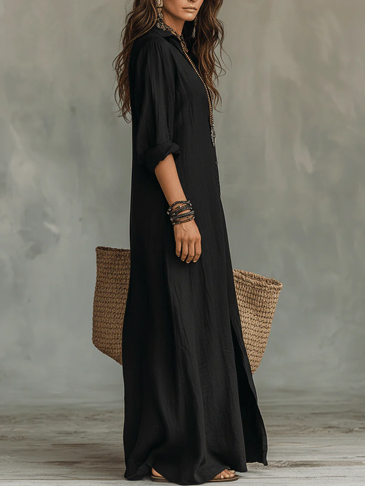 Soline Button V-Neck Maxi Dress
