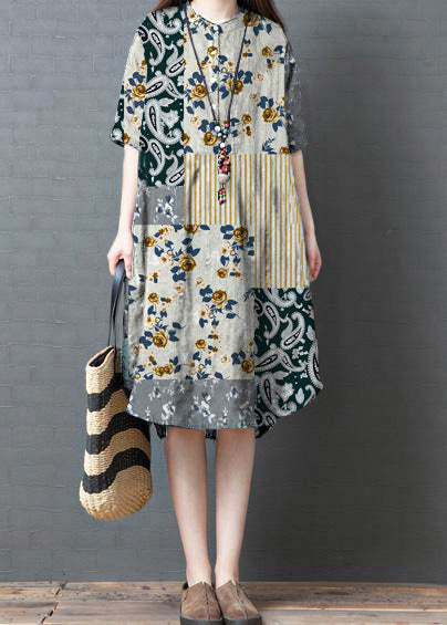 Black Striped Cotton Linen Tunic Dress