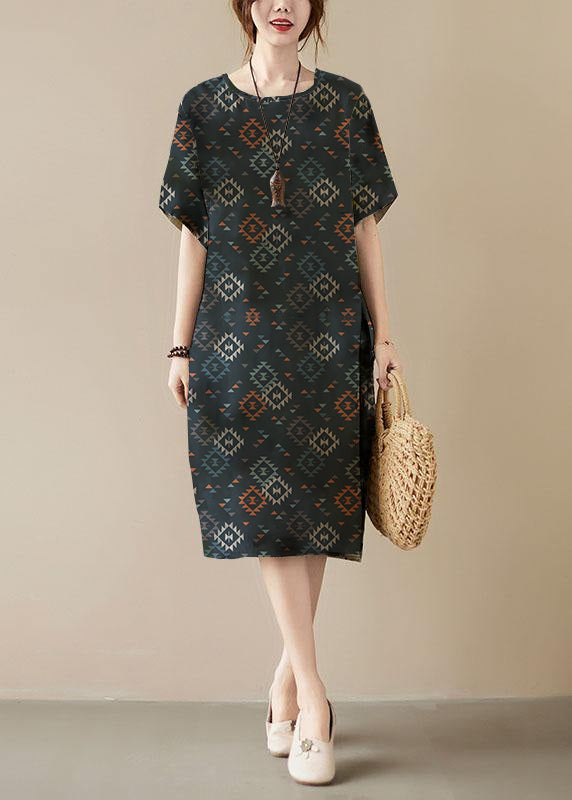 Khaki Print O-Neck Pocket Maxi Dress