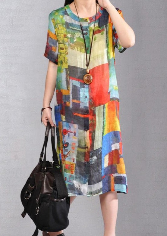 Printed Single-Breasted Pure Linen Dress