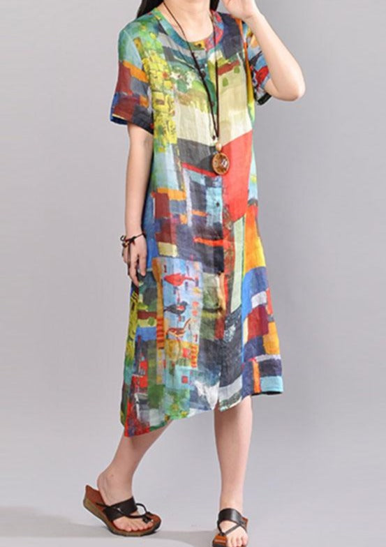 Printed Single-Breasted Pure Linen Dress