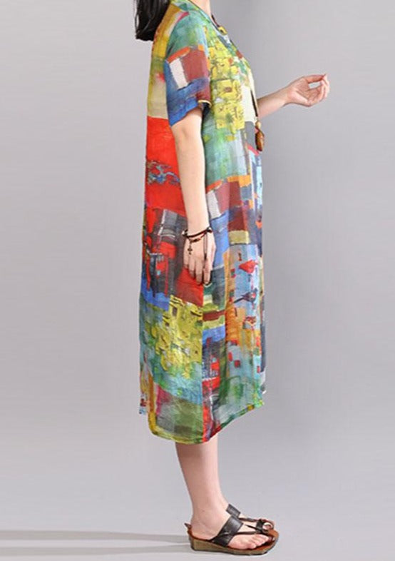 Printed Single-Breasted Pure Linen Dress