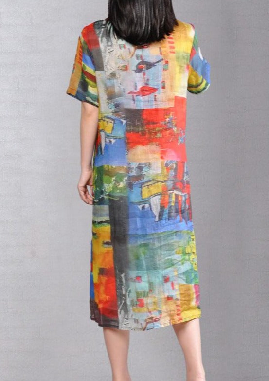 Printed Single-Breasted Pure Linen Dress