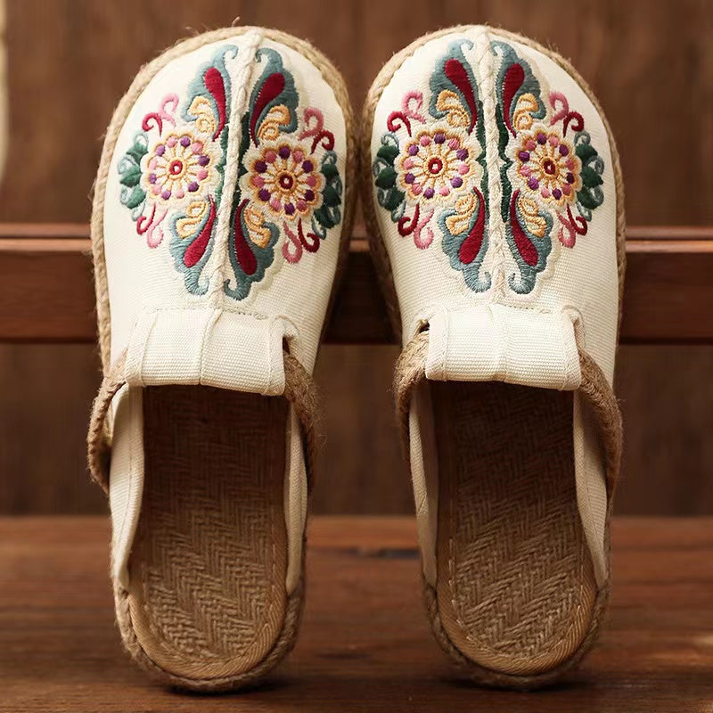 2025 Linen Floral Shoes Flip Flop Flats