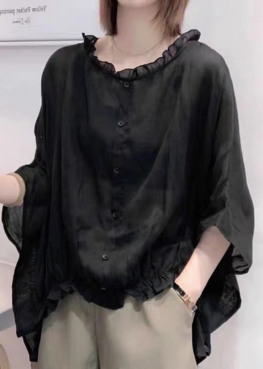Art Navy Tops Ruffle Trim Half Sleeve Blouse Plus Size