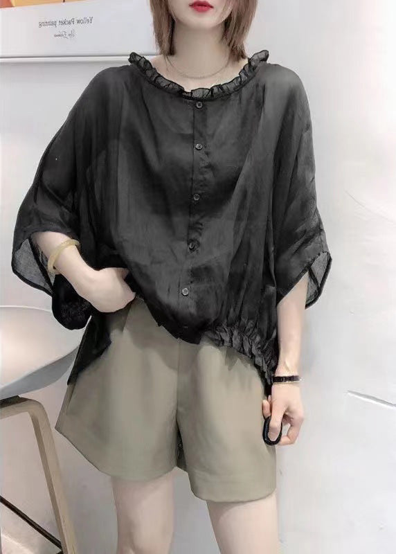 Art Navy Tops Ruffle Trim Half Sleeve Blouse Plus Size