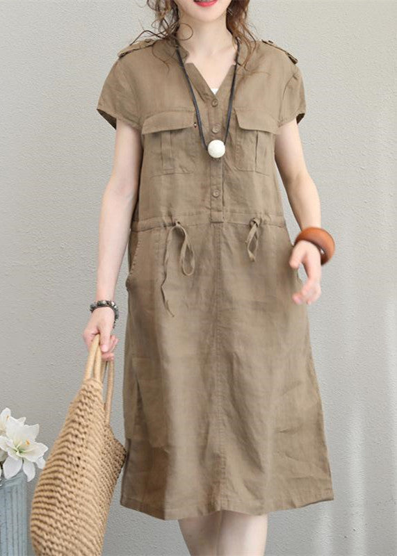 Khaki Linen Drawstring V-Neck Midi Dress