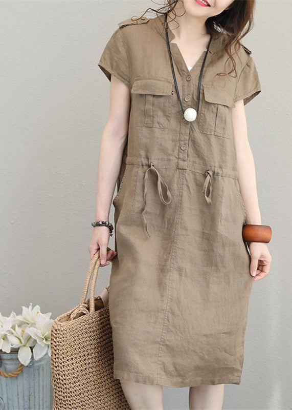 Khaki Linen Drawstring V-Neck Midi Dress