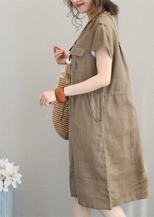 Khaki Linen Drawstring V-Neck Midi Dress